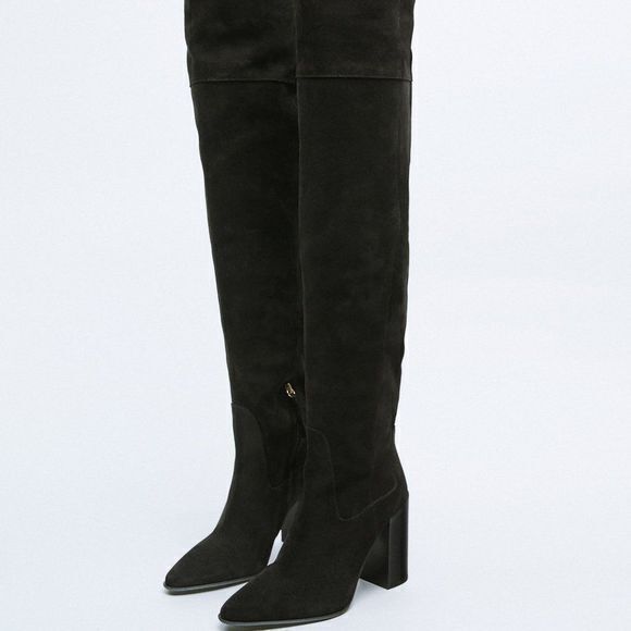 NEW ZARA SPLIT LEATHER OVER-THE-KNEE HEELED BOOTS - Picture 3 of 6